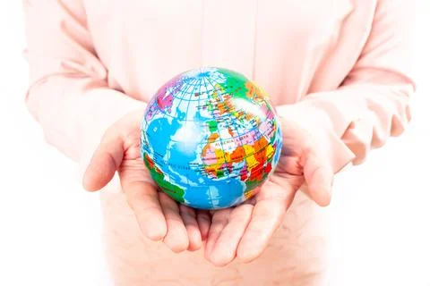 Save Planet Earth, white background. Female hands Stock Photos