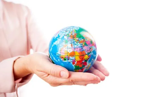 Save Planet Earth, white background. Female hands Stock Photos