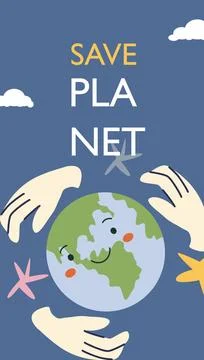 Save planet eco card with cute earth and recycle sign with hands. Stock Illustration