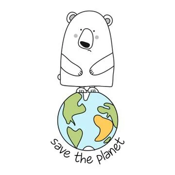 Save the planet - funny vector text quotes and polar bear drawing. Stock Illustration