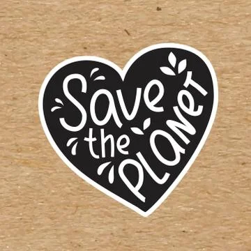 Save the planet - hand written sing with heart simbol on kraft paper. Vector Stock Illustration