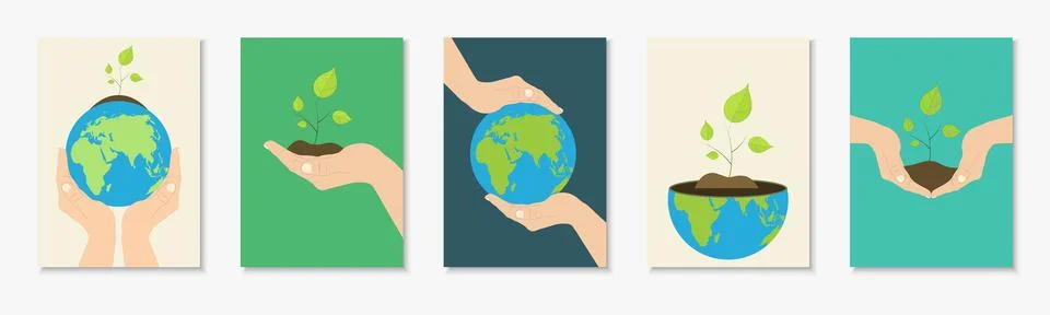 Save The Planet poster collection with drawing earth, hands and growing pla.. Stock Illustration