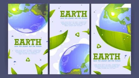 Save planet posters with Earth and green leaves Stock Illustration