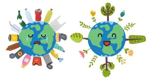 Save the planet print with cute character. Two states of Earth Stock Illustration