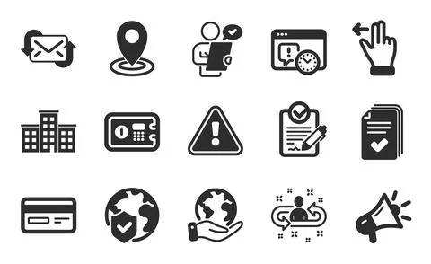 Save planet, Touchscreen gesture and World insurance icons set. Megaphone, Safe Stock Illustration