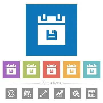 Save schedule data flat white icons in square backgrounds Illustrazione stock