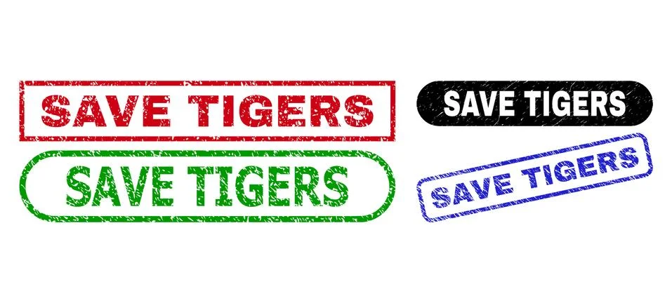 SAVE TIGERS Rectangle Stamp Seals Using Scratched Texture Stock Illustration