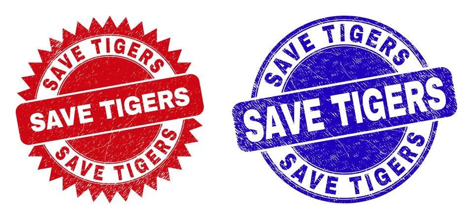 SAVE TIGERS Rounded and Rosette Stamps with Corroded Texture Stock Illustration