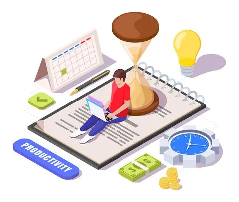 Save time and productivity isometric 3d vector Stock Illustration