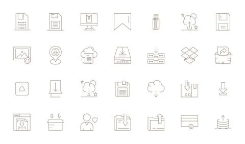 Save Vector Icon Collection featuring 28 Editable 128x128 Thin Line Designs Illustrazione stock