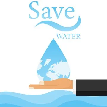 Save water ecology vector concept hand holding big droplet with world map Stock Illustration