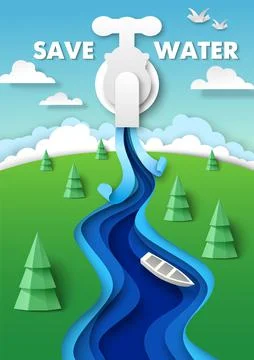 Save water poster design template. Paper cut water coming out of faucet. Clean Stock Illustration