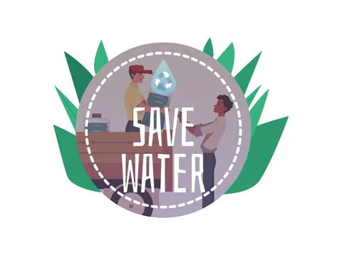 Save water sticker, man getting bottled water as humanitarian aid, flat vector Stock Illustration