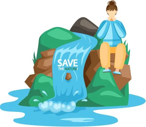 Save waterfalls ecological concept, rock and falling water, tropical river and Stock Illustration