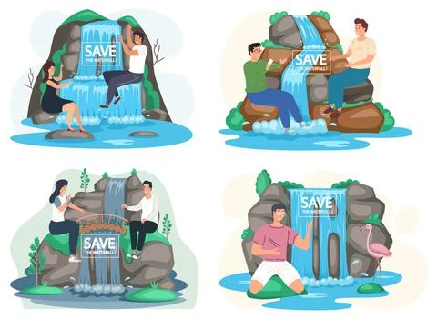 Save waterfalls ecological concept, rock and falling water, tropical river and Stock Illustration
