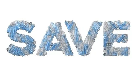 Save word spelt out in empty plastic bottle font. 3D Rendering Stock Illustration