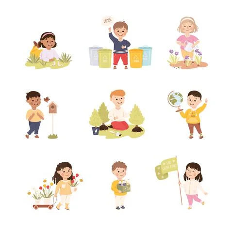 Save the World, Ecology Concept Set, Children Collecting and Sorting Garbage Stock Illustration