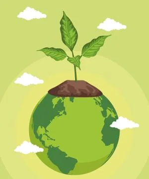 Save the world environmental poster with earth planet and tree plant Stock Illustration