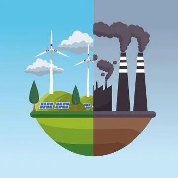 Save the world environmental poster with eco city and factory polluting scenes Illustrazione stock