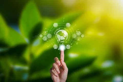 Save the world. Hand of human touch earth. ESG, Environment Social Governan.. Stock Photos