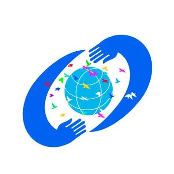 Save World logo design. Hands Holding Earth Globe with birds, Illustration. Stock Illustration
