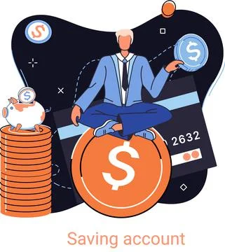 Saving account. Businessman sitting on stack of coins. Bank account accumulation Stockillustratie