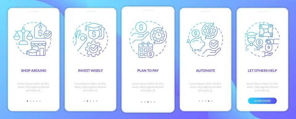 Saving for college tips blue gradient onboarding mobile app screen Stock Illustration