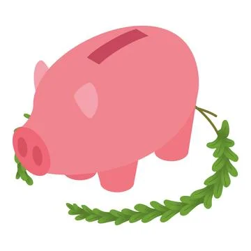 Saving concept icon isometric vector. Big pink piggy bank and green branch icon 스톡 일러스트