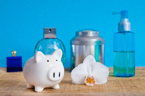 Saving on cosmetics - set on blue background Stock Photos