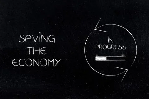 Saving the economy text next to In Progress sign with arrows and bar loadin.. 写真素材