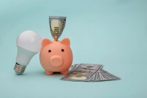 Saving electricity concept. Led light bulb and piggy bank with money banknotes Stock Photos