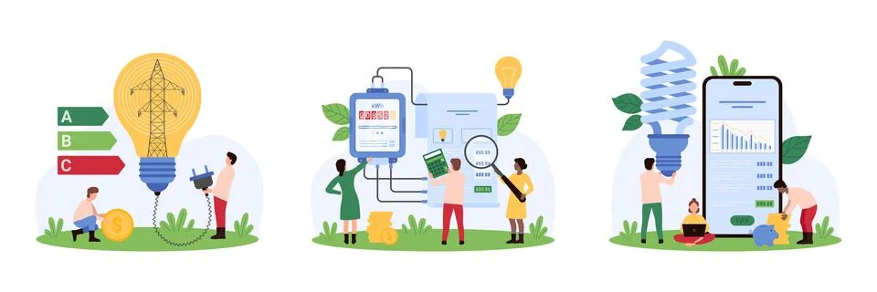 Saving electricity set. tiny people rate efficient consumption in energy Illustrazione stock