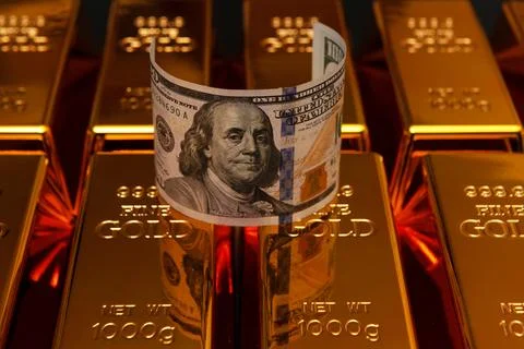 Saving in fine gold bar with USD. Saving in gold bar in vault. Saving in savi Stock Photos