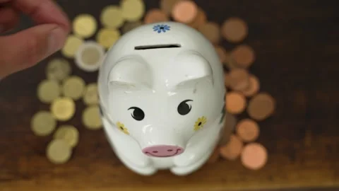 Saving for the Future, Hand Drops Coin into Piggy Bank Stock Footage 313063674