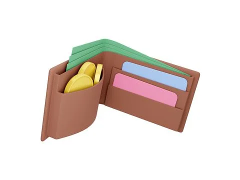 Saving icon. Open wallet with coins, bills and credit cards floating on a w.. イラスト素材