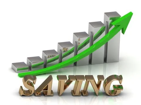 SAVING- inscription of gold letters and Graphic growth and gold arrows on whi Stock Illustration