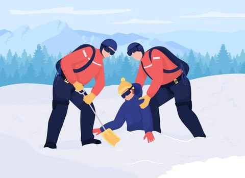 Saving life in avalanche flat color vector illustration Illustrazione stock