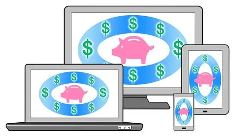 Saving money concept on different devices Stockillustratie