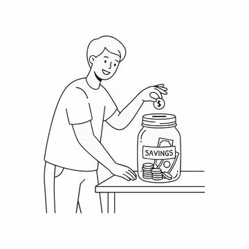 Saving money concept, man putting coin into jar, illustration Silhouette Иллюстрация