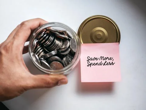 Saving money concept with post it note saying save more spend less and coin.. 写真素材