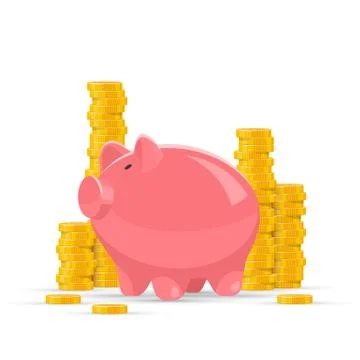 Saving money concept vector illustration. Pink piggy bank with golden coin piles 스톡 일러스트