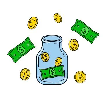 Saving money jar. Groovy vector illustration. Stock Illustration