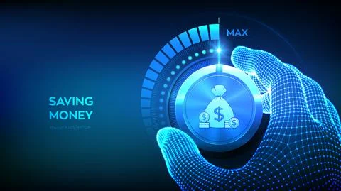 Saving money levels knob button. Growing capital financial concept. Wireframe Illustrazione stock