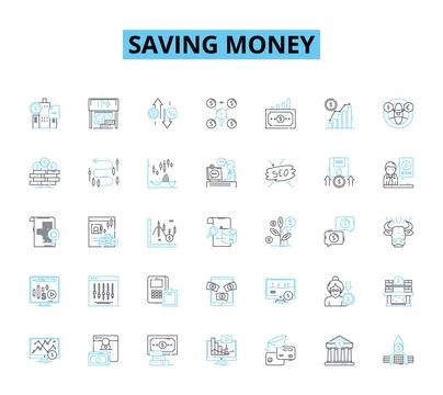 Saving money linear icons set. Frugality, Budgeting, Thriftiness, Discounts Stock Illustration
