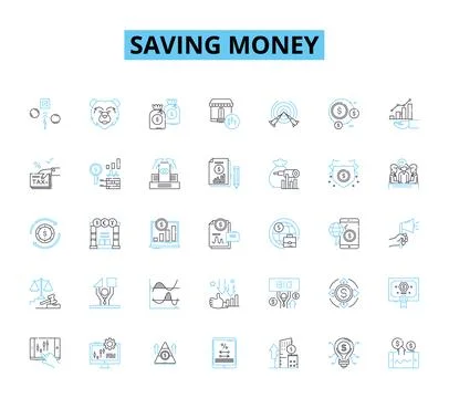 Saving money linear icons set. Frugality, Budgeting, Thriftiness, Discounts Stock Illustration