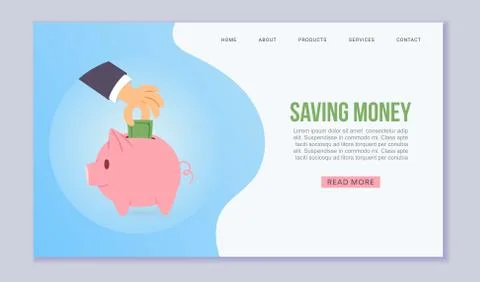 Saving money vector web illustration. Human hand puts money coins into piggy Stock Illustration