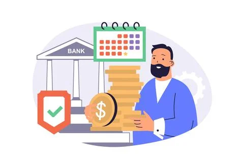 Saving money web concept with flat cartoon people for website design. Man mak 스톡 일러스트