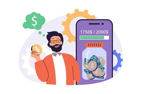 Saving money web concept with flat cartoon people for website design. Man col Stock Illustration