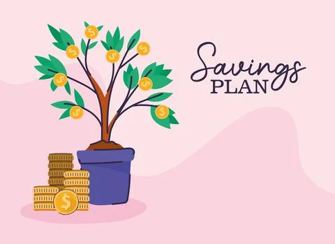 Saving plan lettering with one money tree and coins Stock Illustration