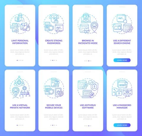 Saving privacy online tips set onboarding mobile app page screen Stock Illustration